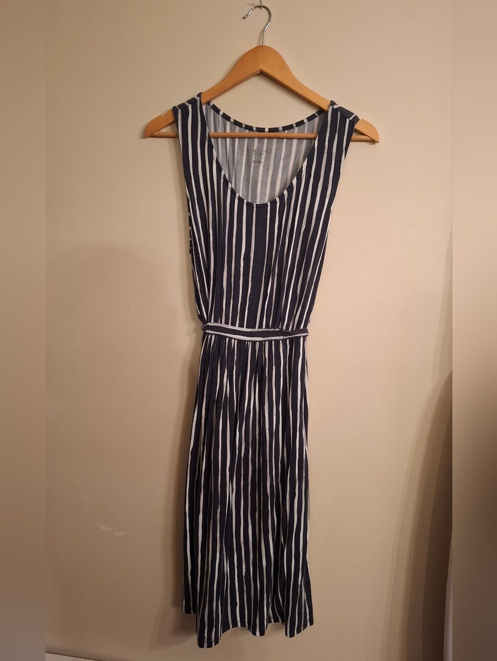 Maternity Dress Sleeveless Soft Navy‎ White Stripes Maxi Dress with Waist Tie Lg